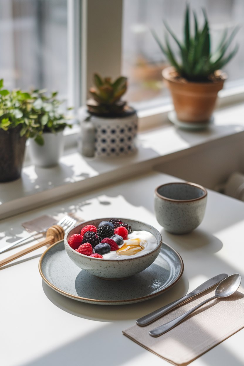 Photo of an indoor breakfast table set with a bowl of mixed berries, Greek yogurt, and a drizzle of honey; gentle morning sunlight; no text or logos.