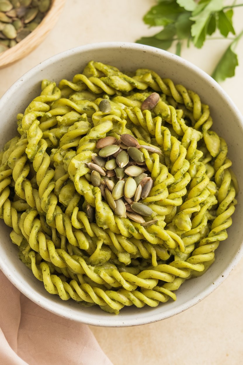 An indoor bowl of whole-grain pasta tossed in bright green pumpkin seed pesto, topped with extra seeds. No text or logos.