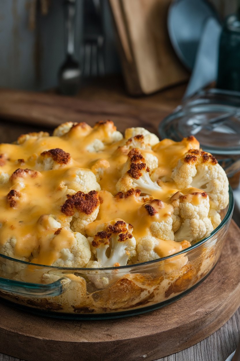 A casserole indoors featuring cauliflower florets drenched in cheddar sauce, browned spots on top, no text or logos. Photo.