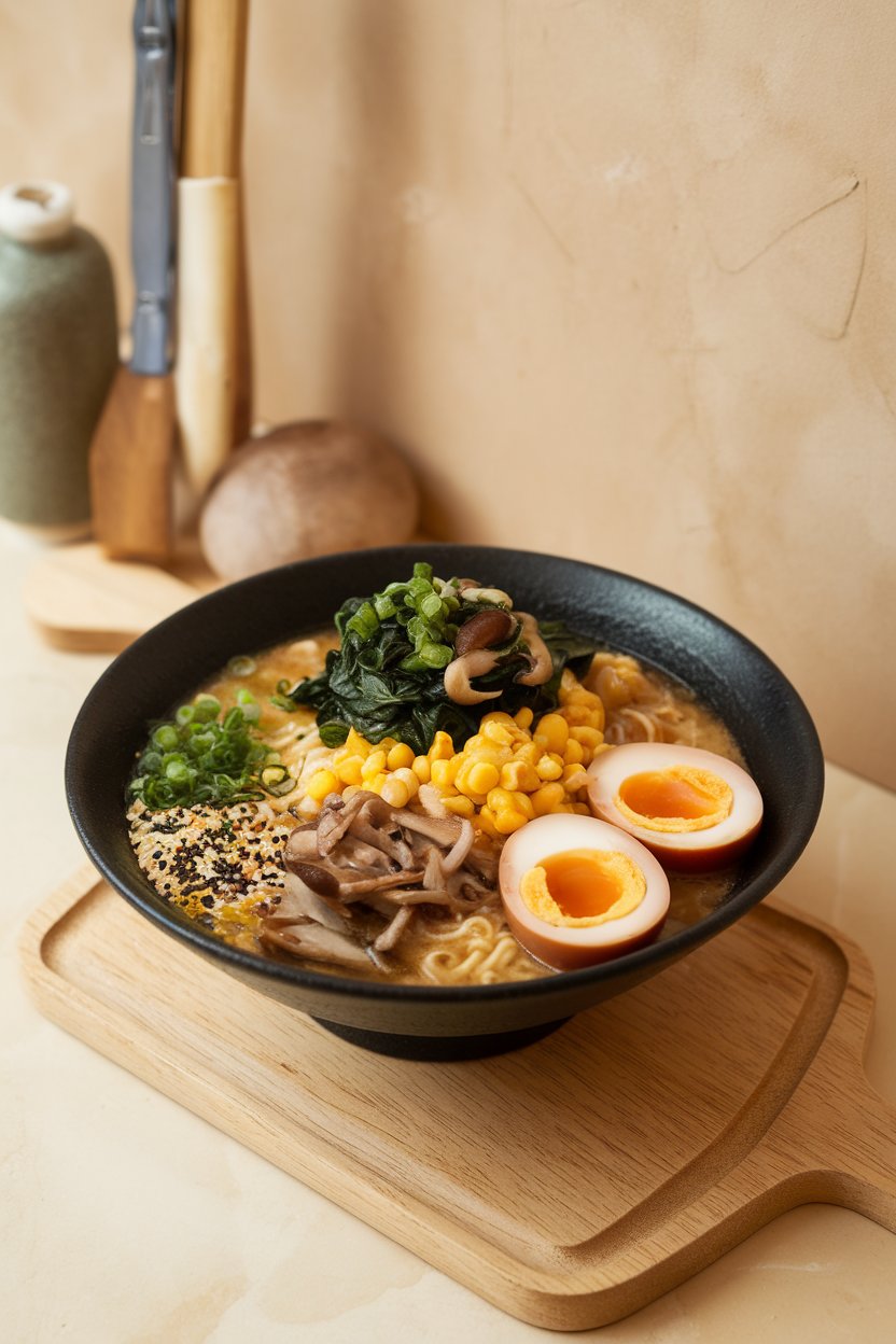 Indoor photo of a bowl of broth-based ramen piled with spinach, corn, mushrooms, and a halved soft-boiled egg, no text or logos.