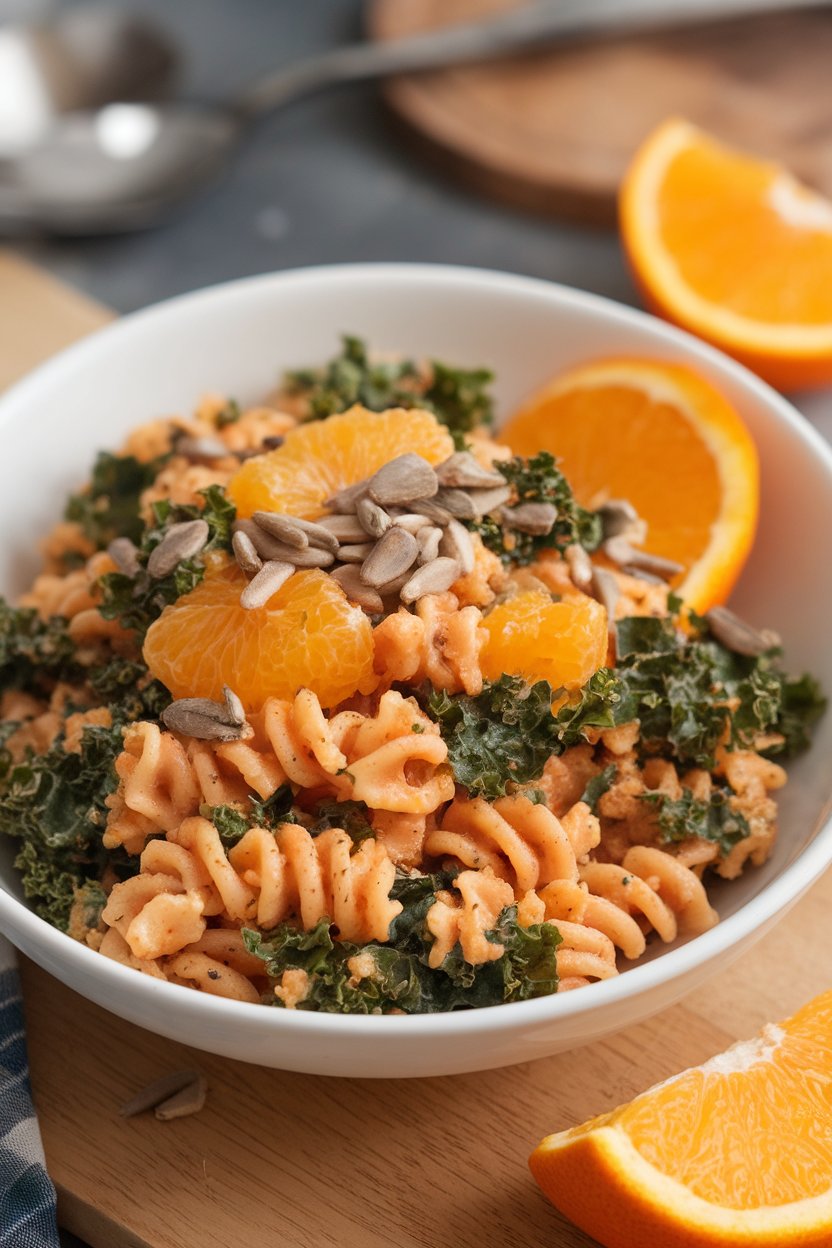An indoor scene with quinoa pasta, shredded kale, orange segments, and sunflower seeds; no text or logos.