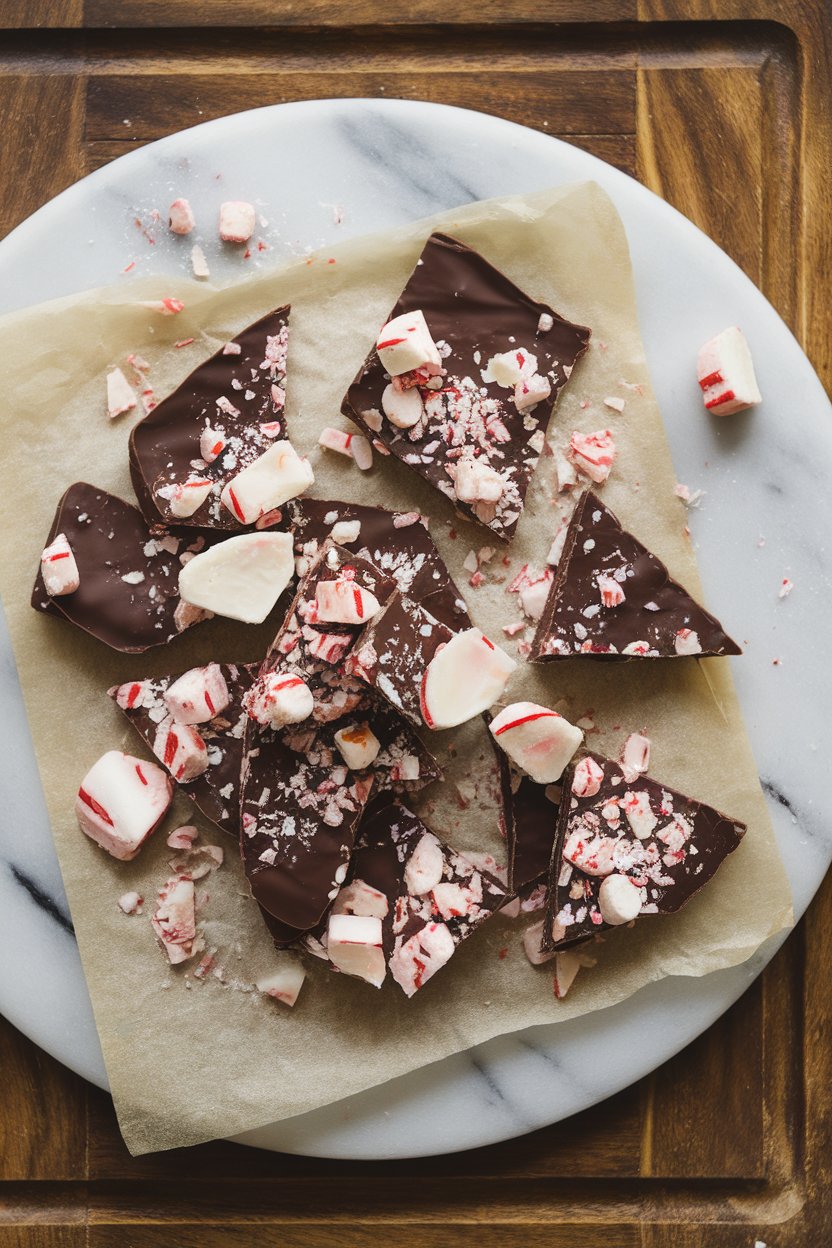 Photo of an indoor platter lined with parchment, topped with marbled dark chocolate and Greek-yogurt peppermint bark shards, crushed candy-free peppermint pieces scattered around, no text or logos.