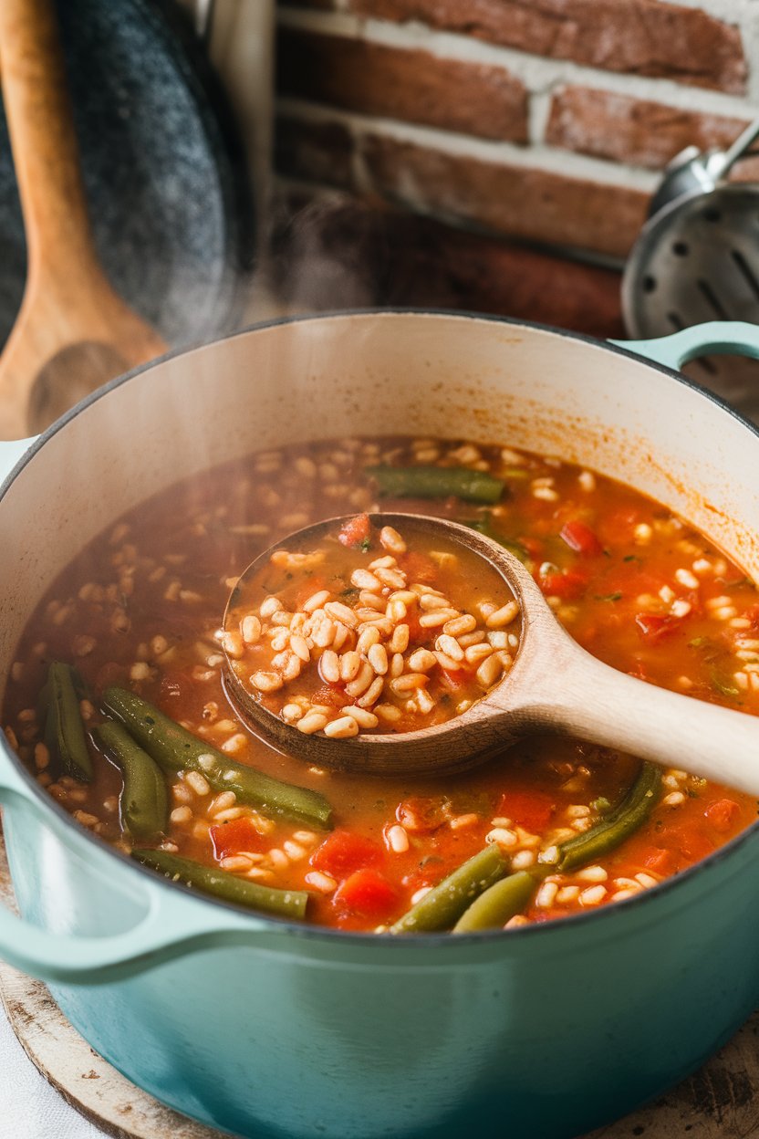 An indoor pot of chunky vegetable minestrone featuring farro grains, green beans, and diced tomatoes, ladle resting inside. No text or logos; photo, not illustration.