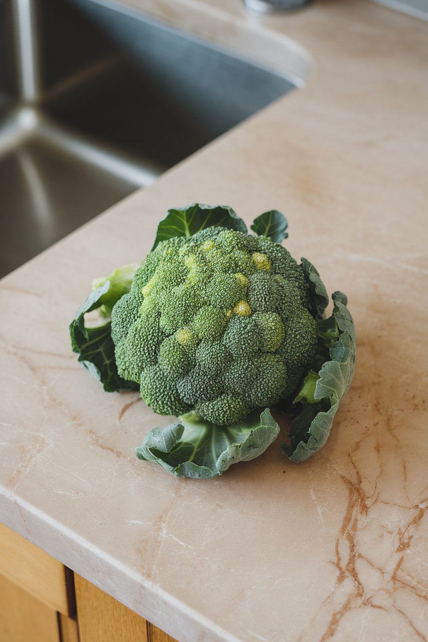 Photo of a broccoli crown with tight green florets on a marble countertop under indoor daylight, no text or logos