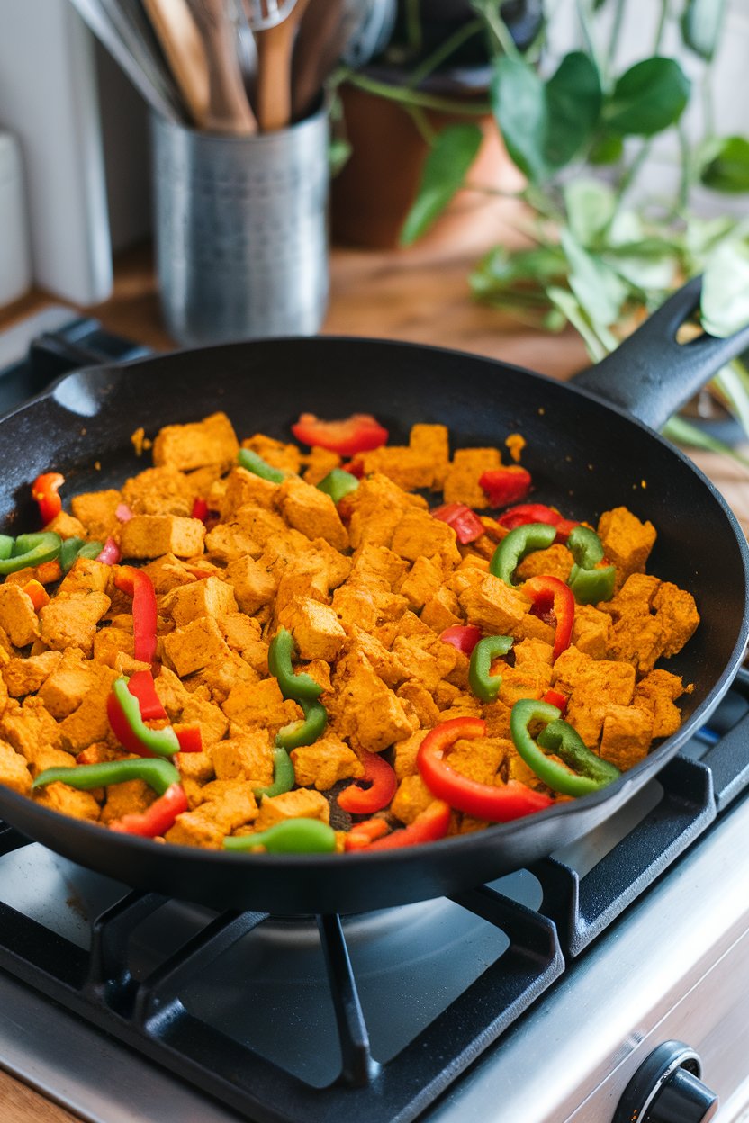 Indoor stovetop scene featuring a skillet of turmeric-tinted tofu crumbles mixed with red and green bell peppers. No text or logos.