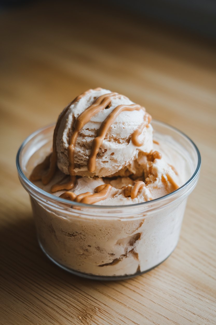 Indoor photo of a frosty bowl of blended frozen banana “nice” cream with a light drizzle of almond butter on top, shot from a three-quarter angle under soft kitchen lighting. No text or logos.