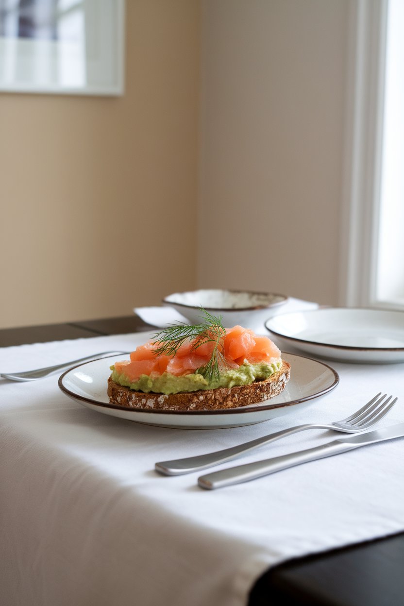Indoor dining table with whole-grain toast topped with mashed avocado and cooked smoked salmon flakes, garnished with dill; bright natural light; photo, no text or logos.