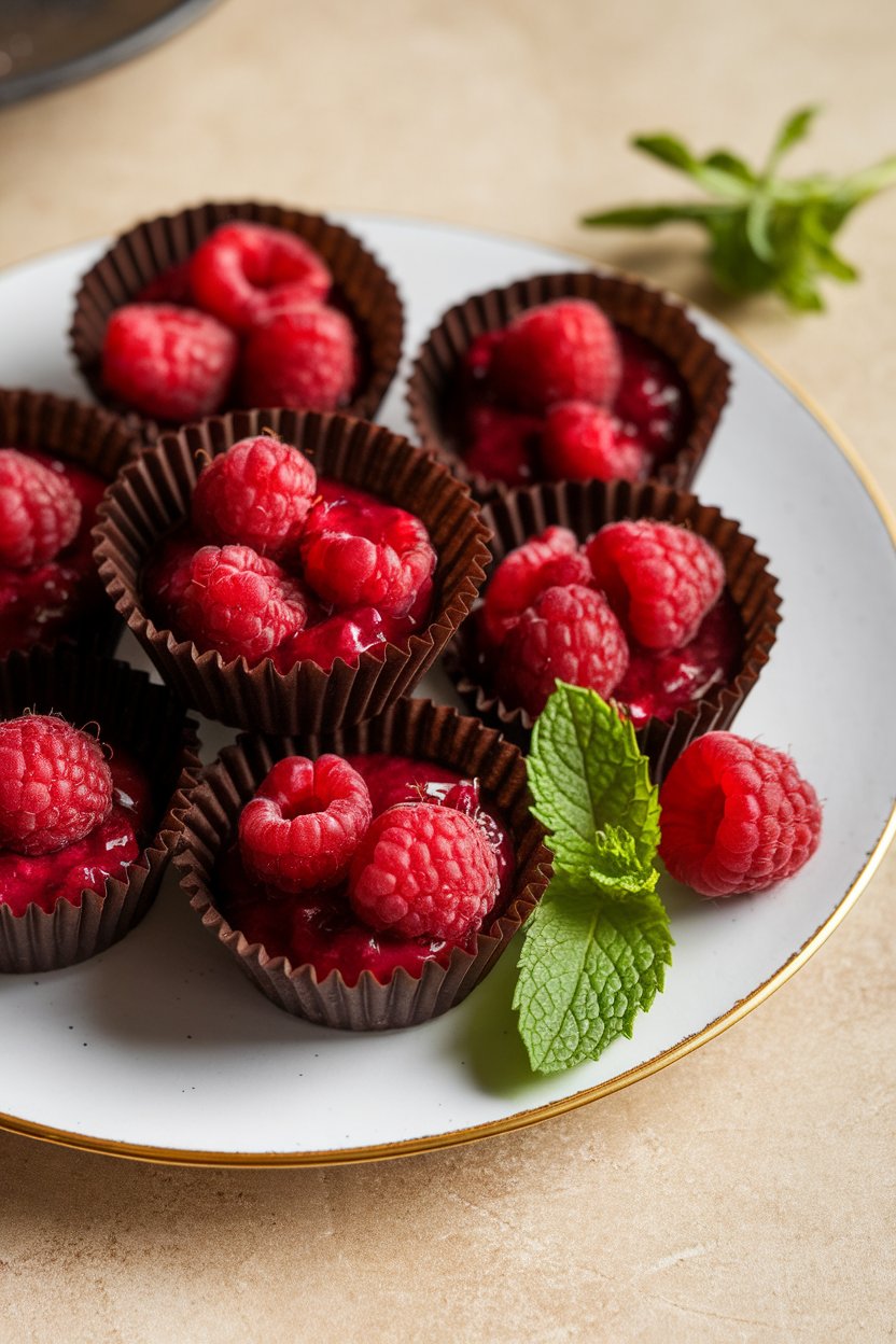 Indoor photo of homemade dark chocolate cups filled with mashed raspberries, displayed on a plate. No text or logos.