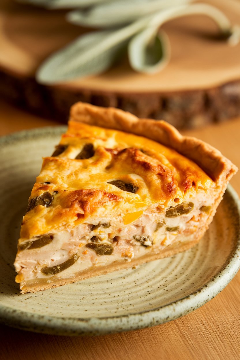 Photo of a green chile turkey quiche slice on stoneware plate, mild green chile pieces visible, indoor lighting—no text or logos.