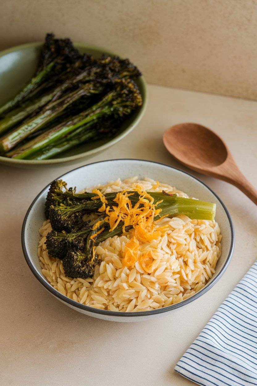 An indoor counter with orzo pasta, roasted broccolini spears, and lemon zest sprinkled on top; no text or logos.