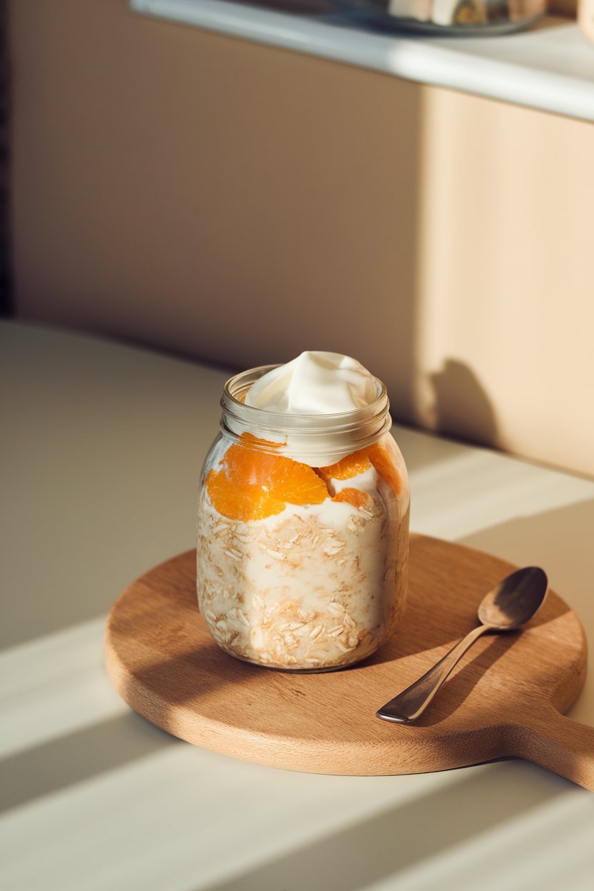 Indoor sunlit table with a jar of creamy oats swirled with orange segments and a spoonful of vanilla yogurt on top. No logos or text. Photo only.