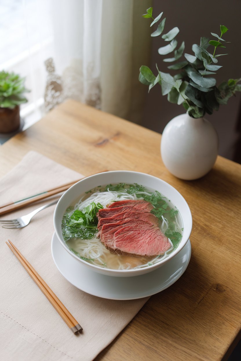 Indoor wooden table with a bowl of pho bo, rare beef slices, rice noodles, and herbs in clear broth. No text or logos. Photo.