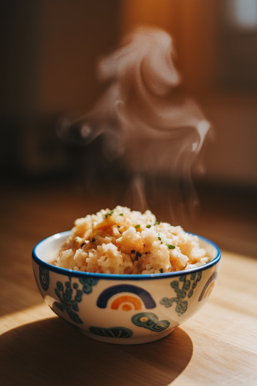 A toddler-sized bowl of cheesy cauliflower rice under warm indoor light, steam drifting upward; no text or logos.
