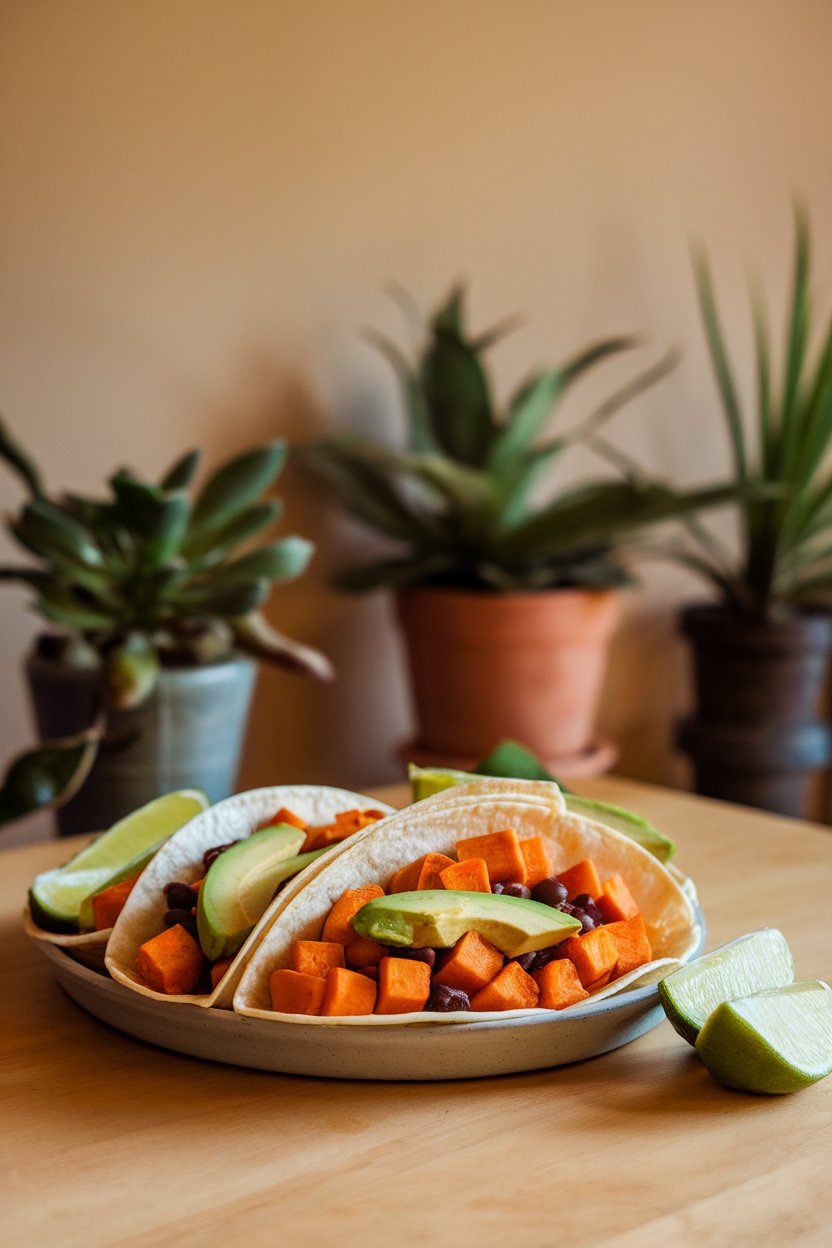 Photo of an indoor dining table showing soft corn tortillas filled with roasted sweet potato cubes, black beans, and avocado slices; lime wedges on the side; no text or logos