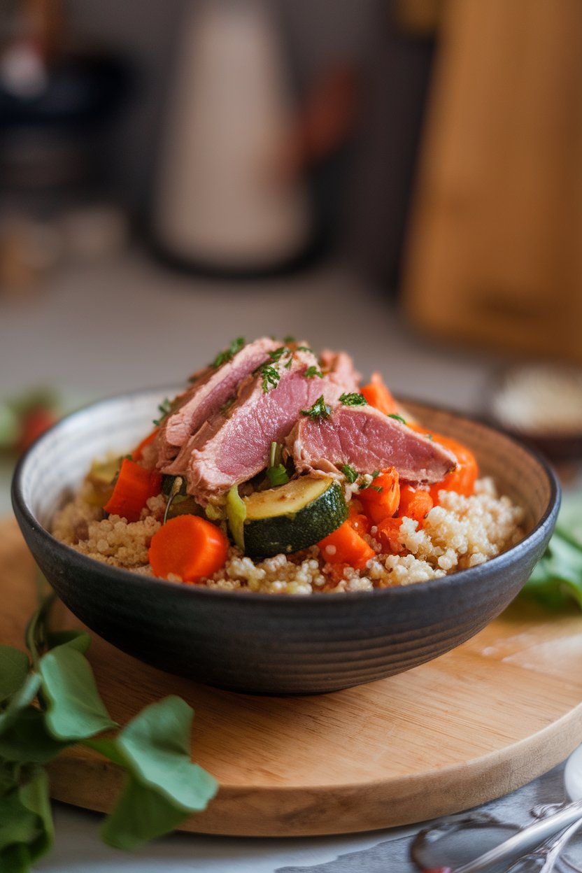 Bowl of quinoa topped with roasted carrots, zucchini, and harissa-spiced tuna, indoor, no branding.