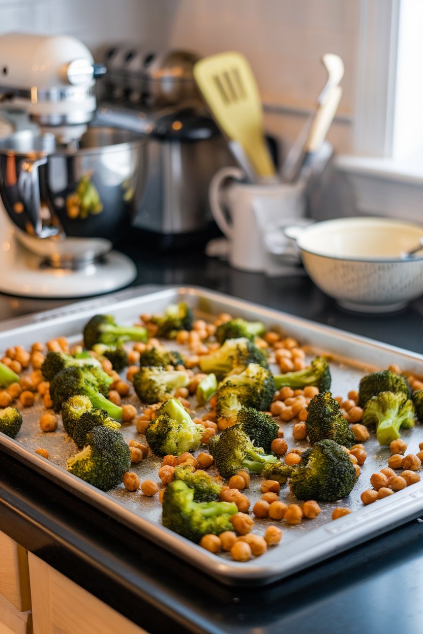 Photo of an indoor baking sheet on a kitchen counter holding roasted broccoli florets and chickpeas dusted with Parmesan; no text or logos