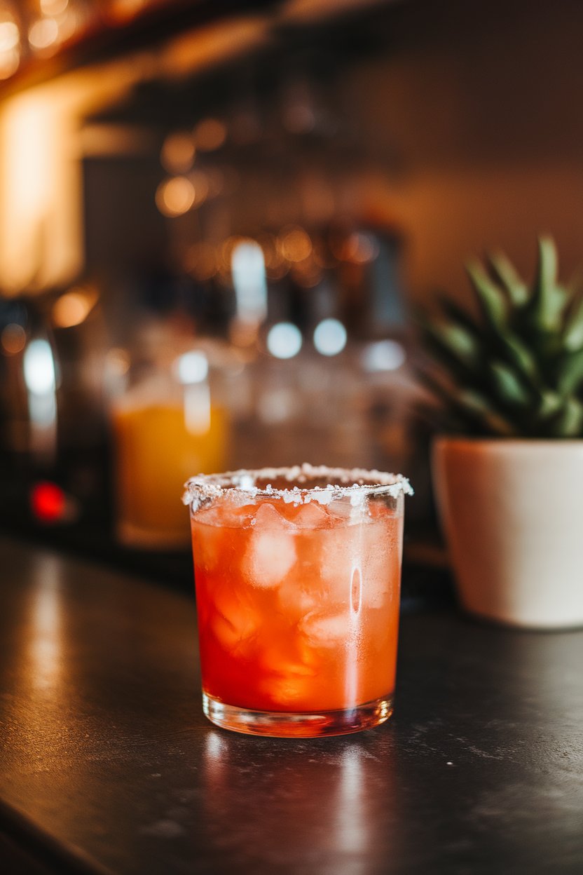 An indoor bar counter featuring a rocks glass of blood-orange colored Winter Margarita on crushed ice with a salted rim. No text or logos.