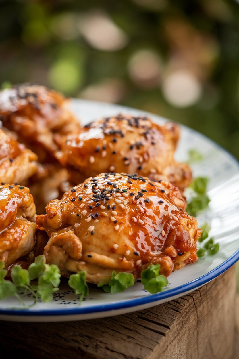Indoor food photo of glazed chicken thighs sprinkled with toasted sesame seeds on a white platter; soft spotlight, no text or logos.