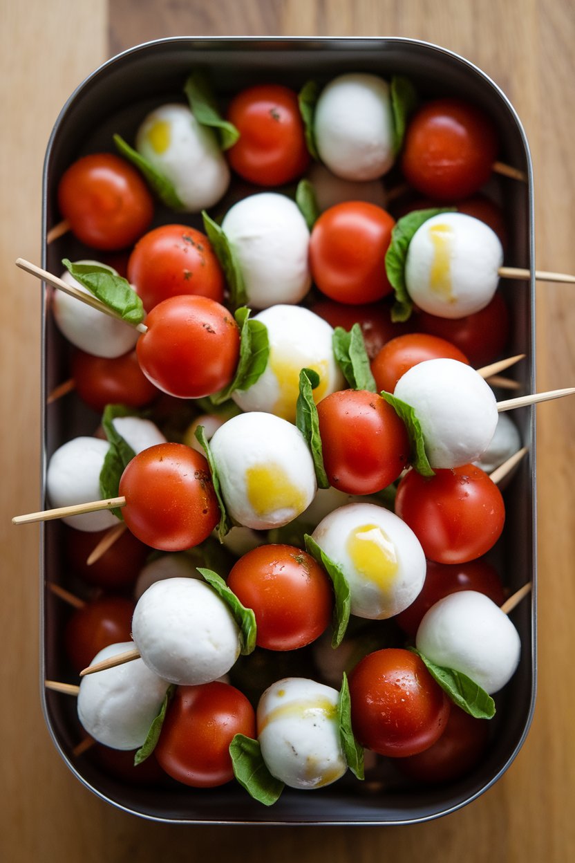 An indoor lunchbox filled with short skewers of grape tomatoes, fresh basil leaves, and mozzarella balls, drizzled lightly with olive oil. Photo only, no logos.