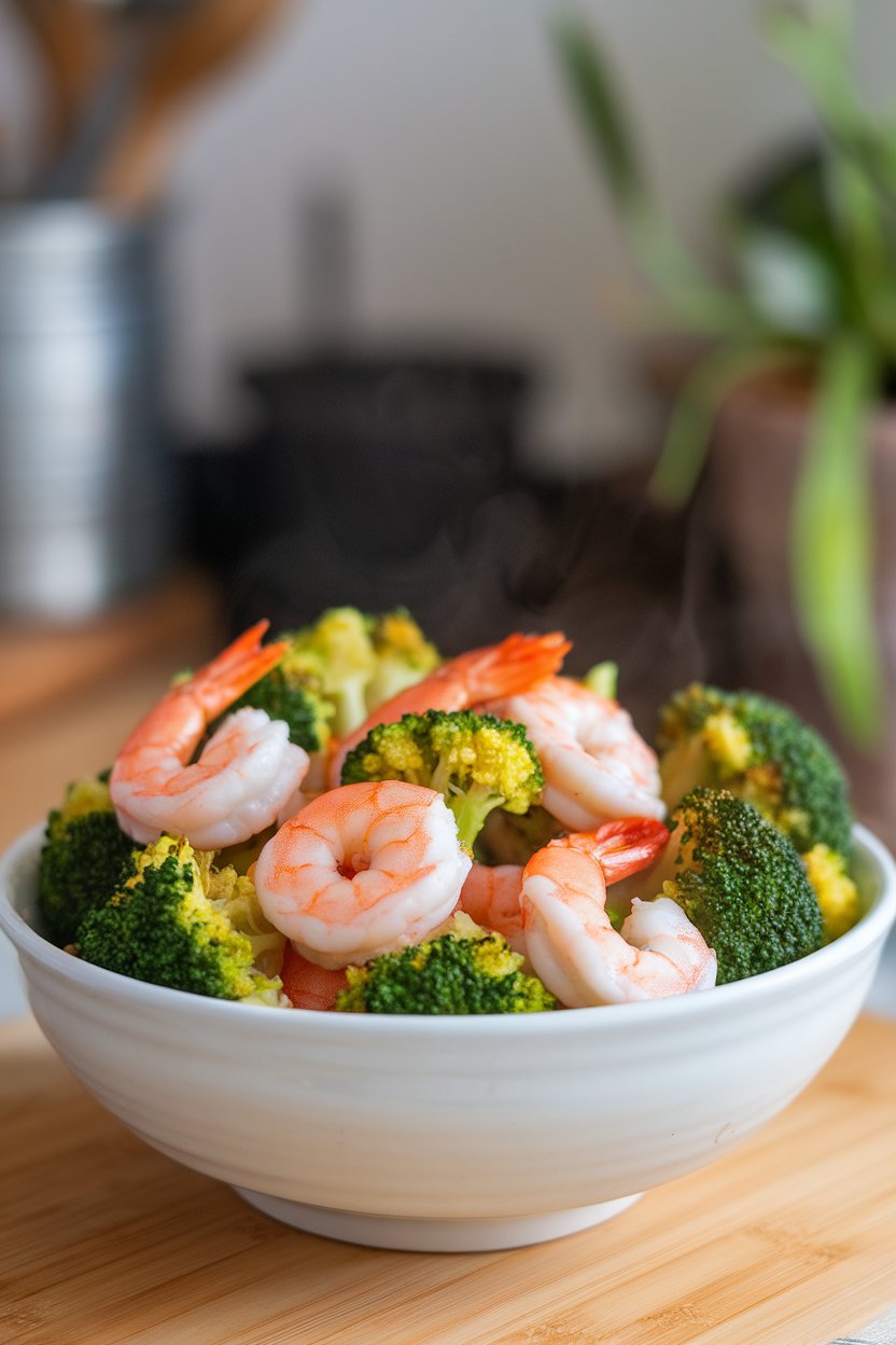 A white bowl indoors featuring cooked shrimp and bright broccoli florets coated in a light ginger-soy glaze, steam visible; no text or logos.