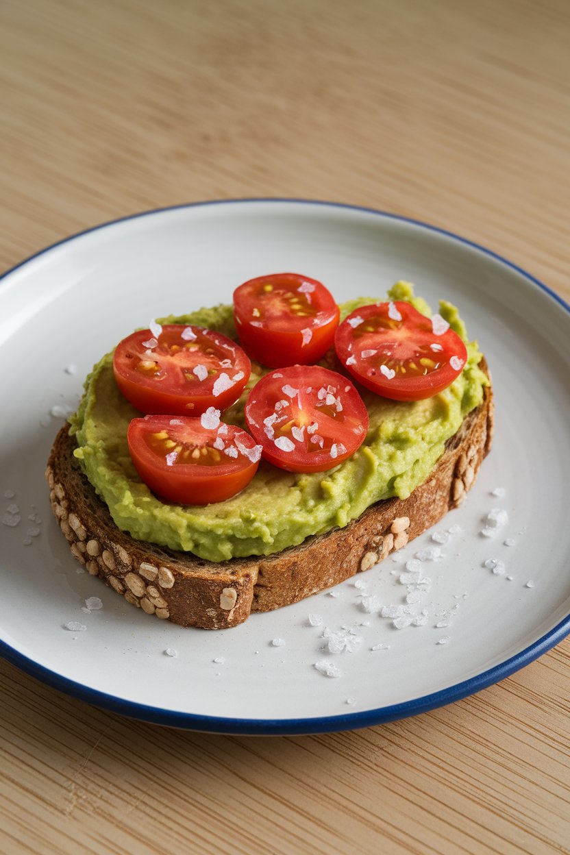 Photo of a slice of whole-grain toast spread with mashed avocado and scattered cherry tomato halves, garnished with sea salt flakes, shot indoors on a breakfast plate. No text or logos present.