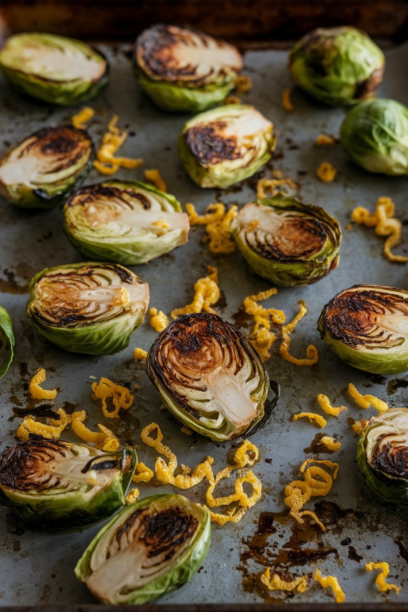 A baking sheet indoors with charred Brussels sprouts halves glistening with lemon zest and garlic; photo only, no text or logos.