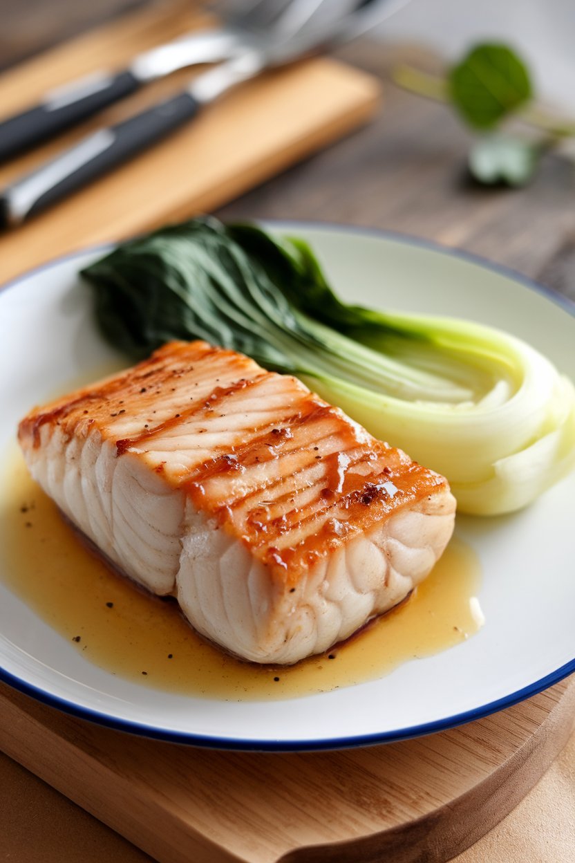 Indoor photo of cooked cod fillet brushed with caramelized miso glaze, accompanied by steamed bok choy on a white plate; no text or logos.