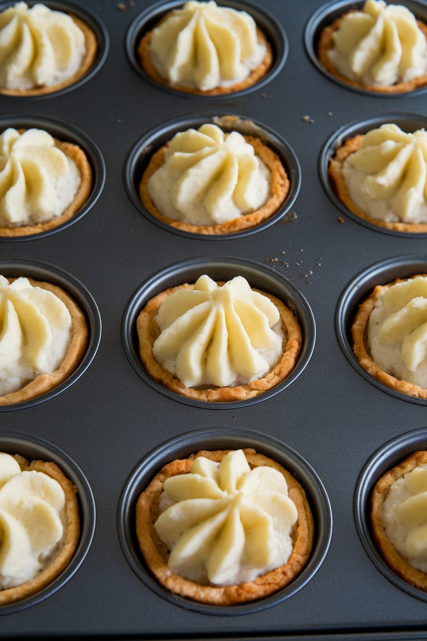 An indoor muffin tin containing individual cottage pies topped with piped mashed potatoes, edges golden; no text or logos.