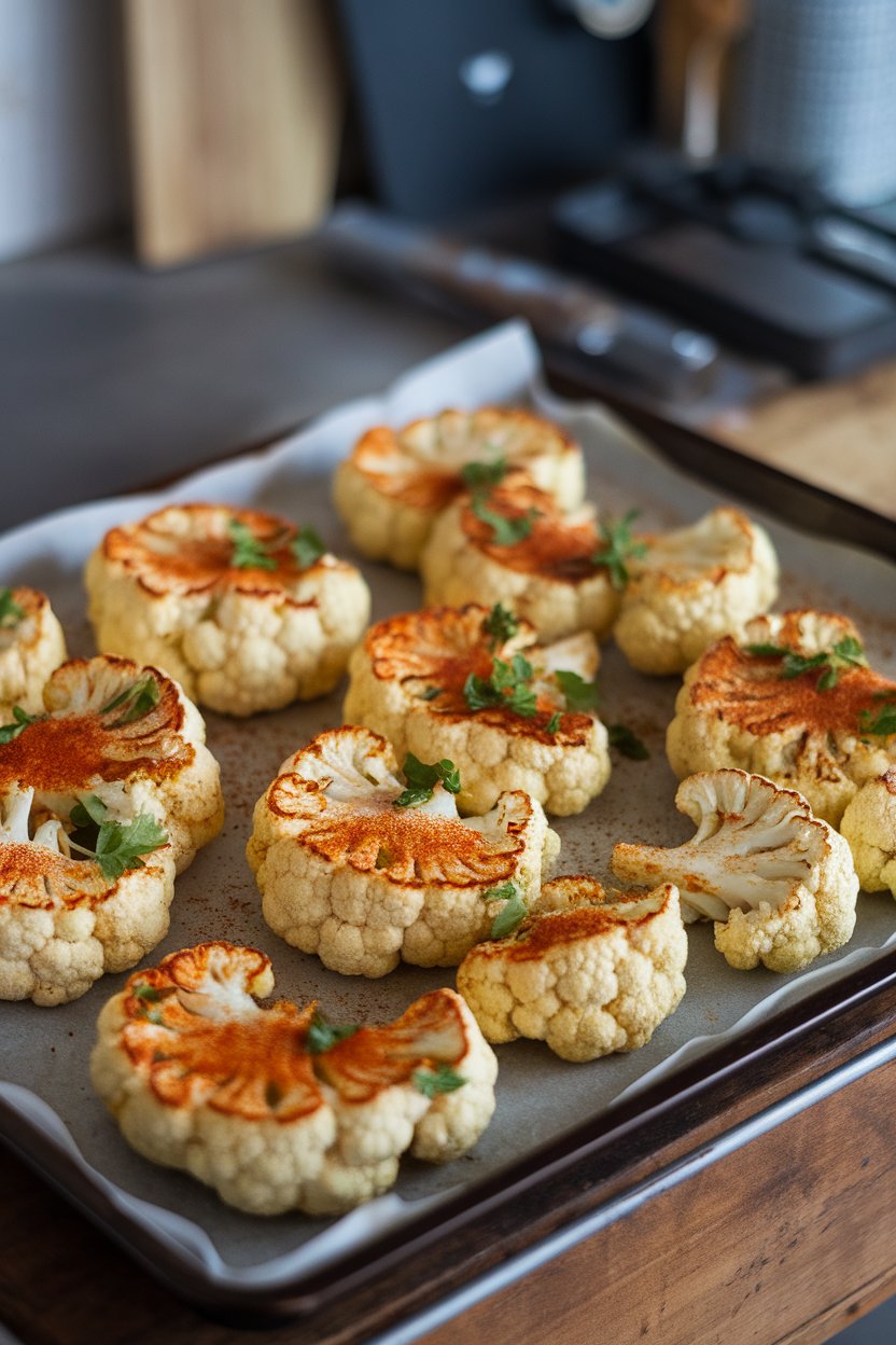 An indoor baking sheet with thick cauliflower slabs roasted to golden brown, paprika dusted, parsley sprinkled. No text or logos. Photo, not illustration.