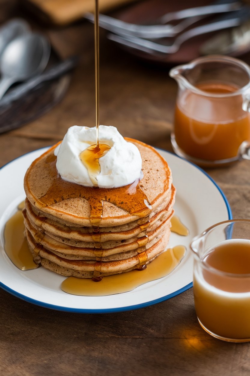 Indoor scene with spelt pancakes, small pitcher of warm apple cider reduction beside plate; photo only.