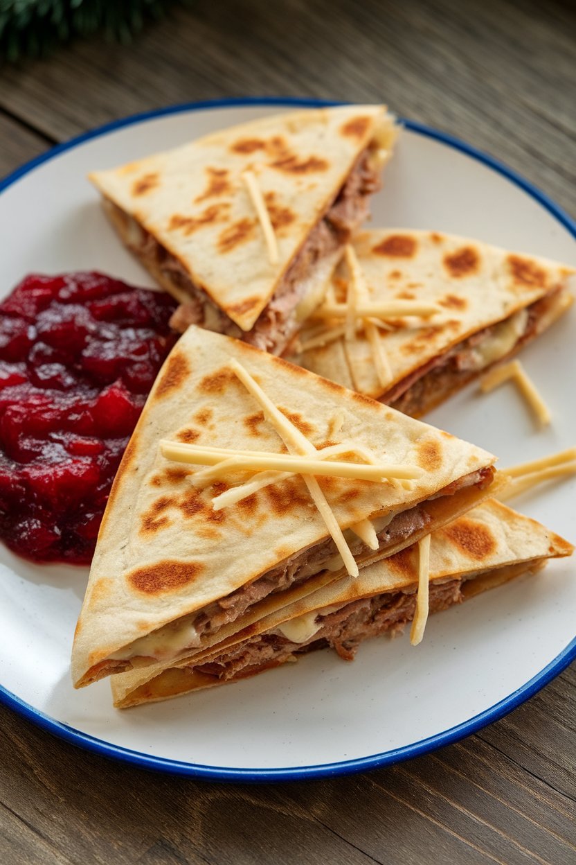Indoor holiday plate, cranberry-turkey quesadilla triangles, melted Swiss strands, photo, no text or logos.