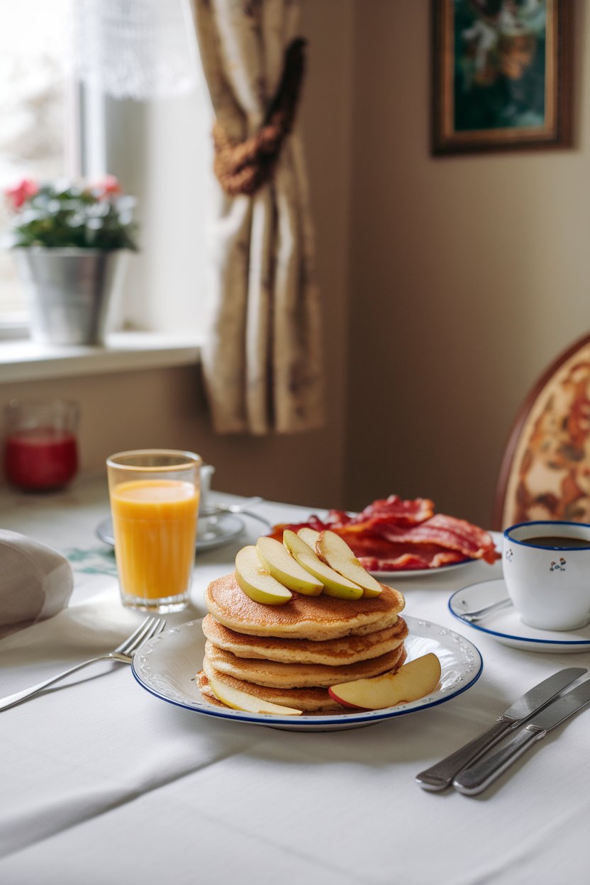 A cozy kitchen table showing fluffy apple-cinnamon pancakes topped with warm sautéed apple slices, no logos, photo not illustration.