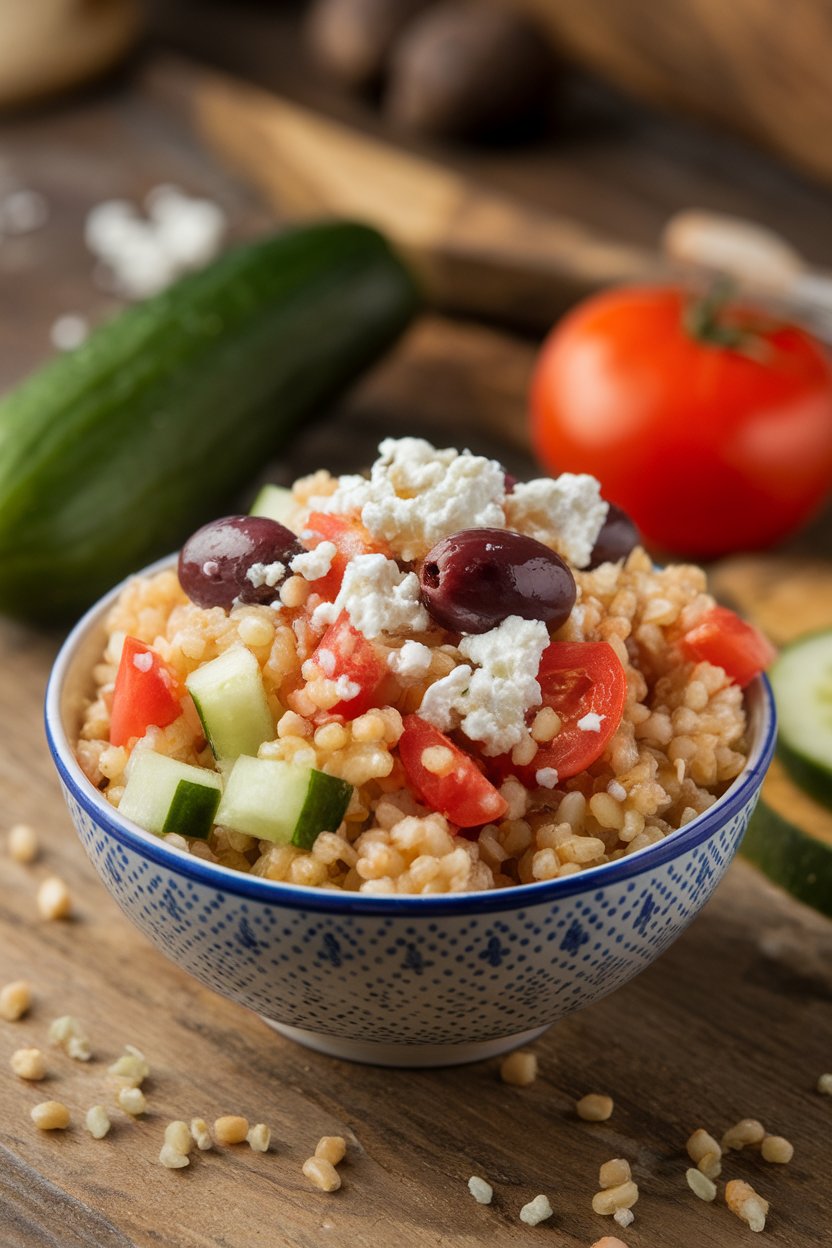 Indoor shot of bulgur wheat with diced cucumber, tomato, crumbled feta, and Kalamata olives. No text or logos.