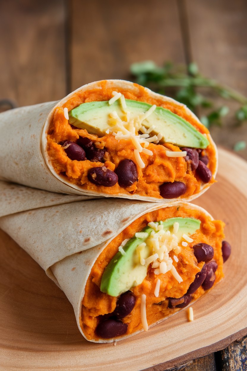 Indoor photo of a burrito sliced open to reveal mashed sweet potato, black beans, and avocado slices, no text or logos.