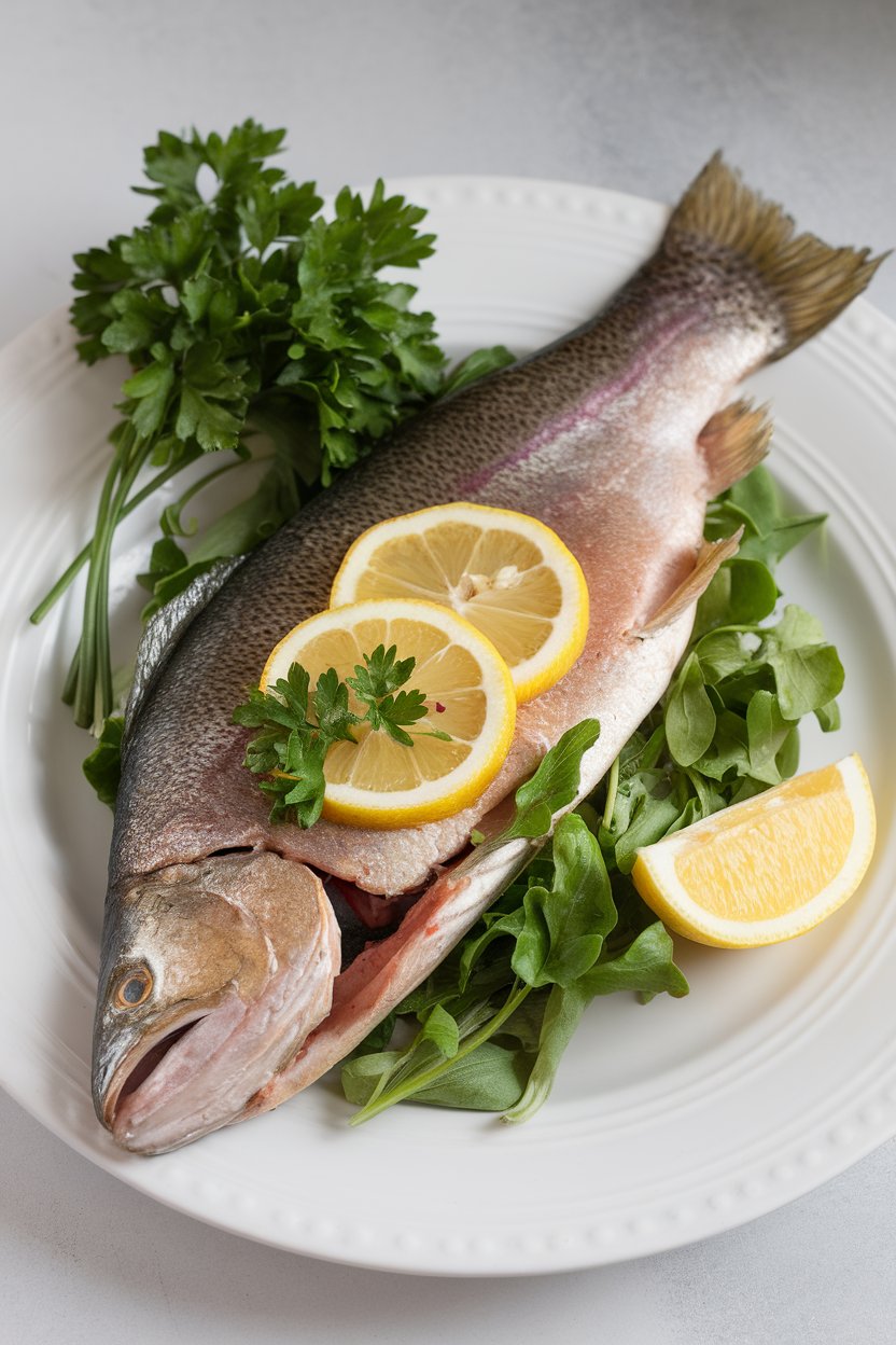 Indoor photo of a cooked rainbow trout fillet garnished with lemon slices and parsley on a white plate. No text or logos.