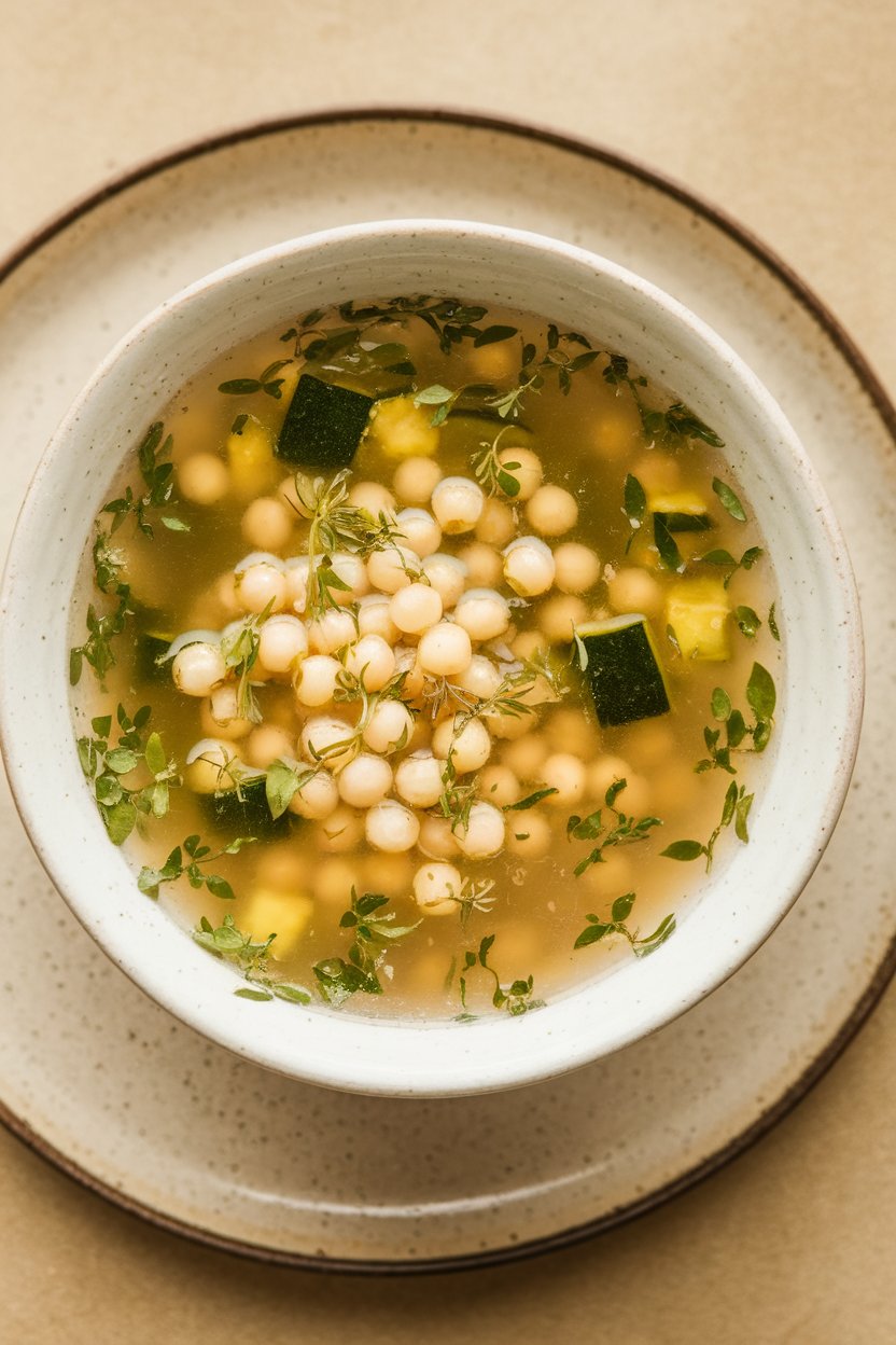 Indoor photo of clear vegetable soup with pearled couscous pearls, diced zucchini, and herbs in white bowl; no text or logos