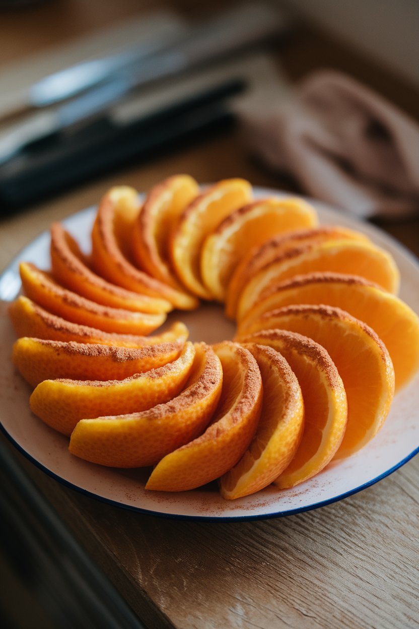 White plate indoors holding neatly fanned orange wheels dusted with ground cinnamon. No text or logos.