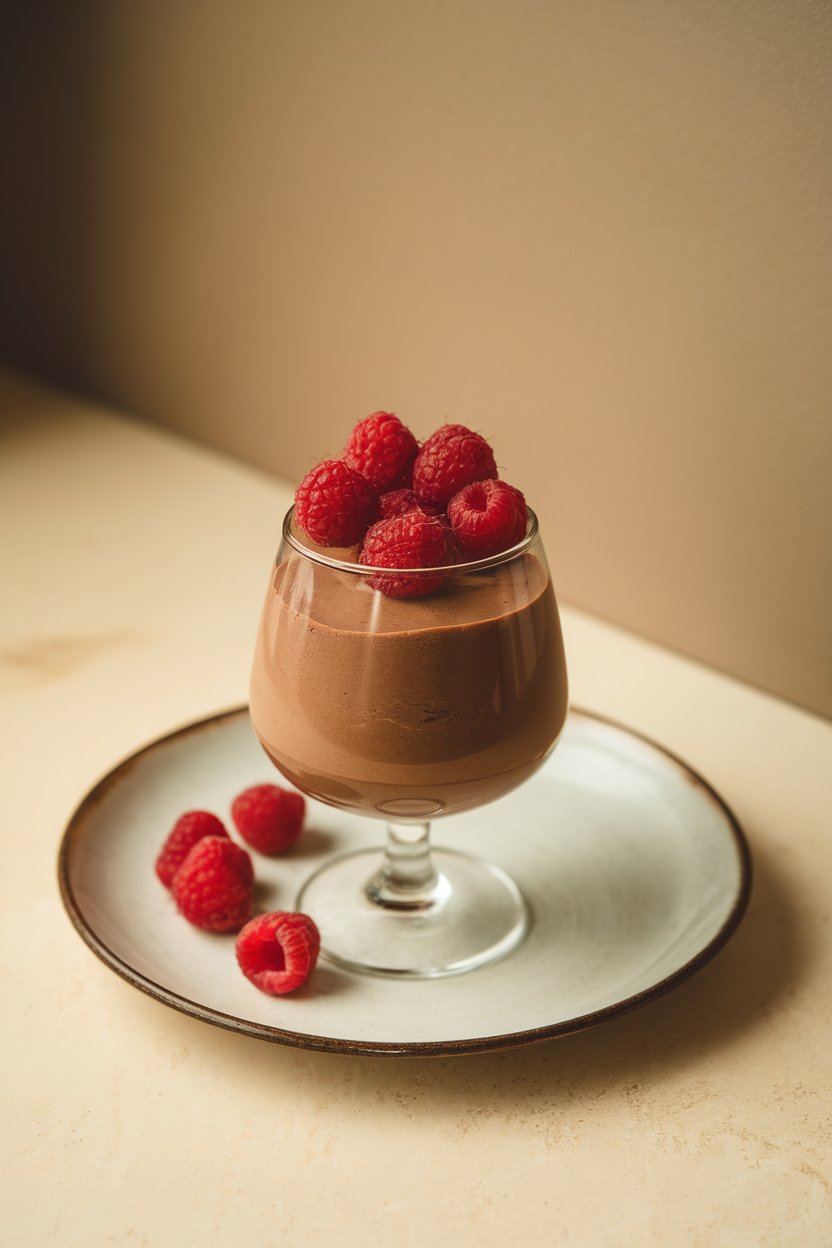 Indoor dessert dish with a glass of smooth dark chocolate mousse made from avocado, topped with fresh raspberries. No text or logos present.
