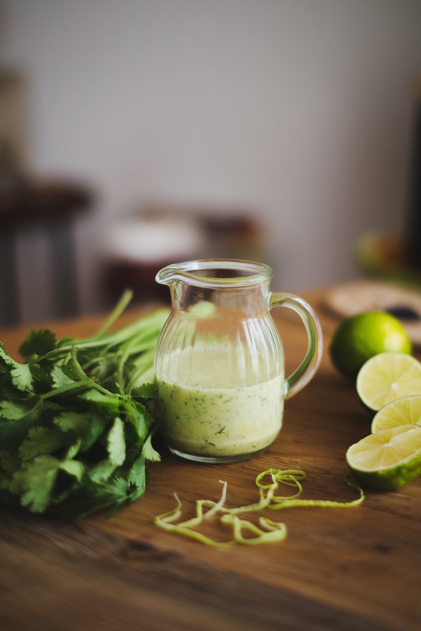 An indoor wooden table with a small pitcher of cilantro lime dressing, cilantro bunches, and lime zest sprinkled nearby. Photo, not illustration. No text or logos.