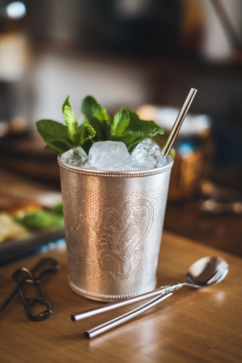 An indoor silver julep cup filled with crushed ice, mint, and sparkling Champagne topping. No text or logos.