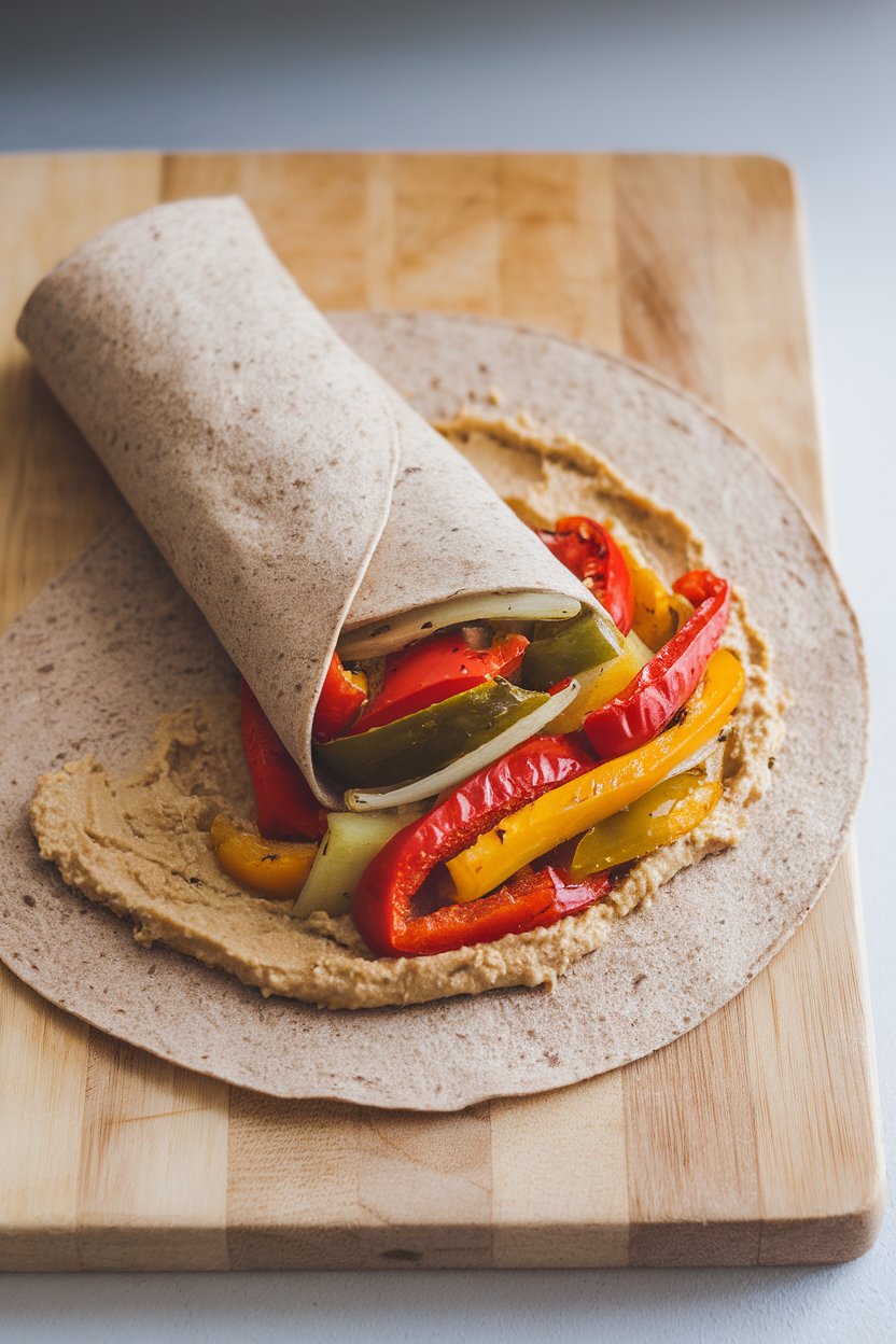 An indoor cutting board holding a whole-wheat wrap spread with hummus and layered with colorful roasted vegetables, ready to roll. No text or logos.