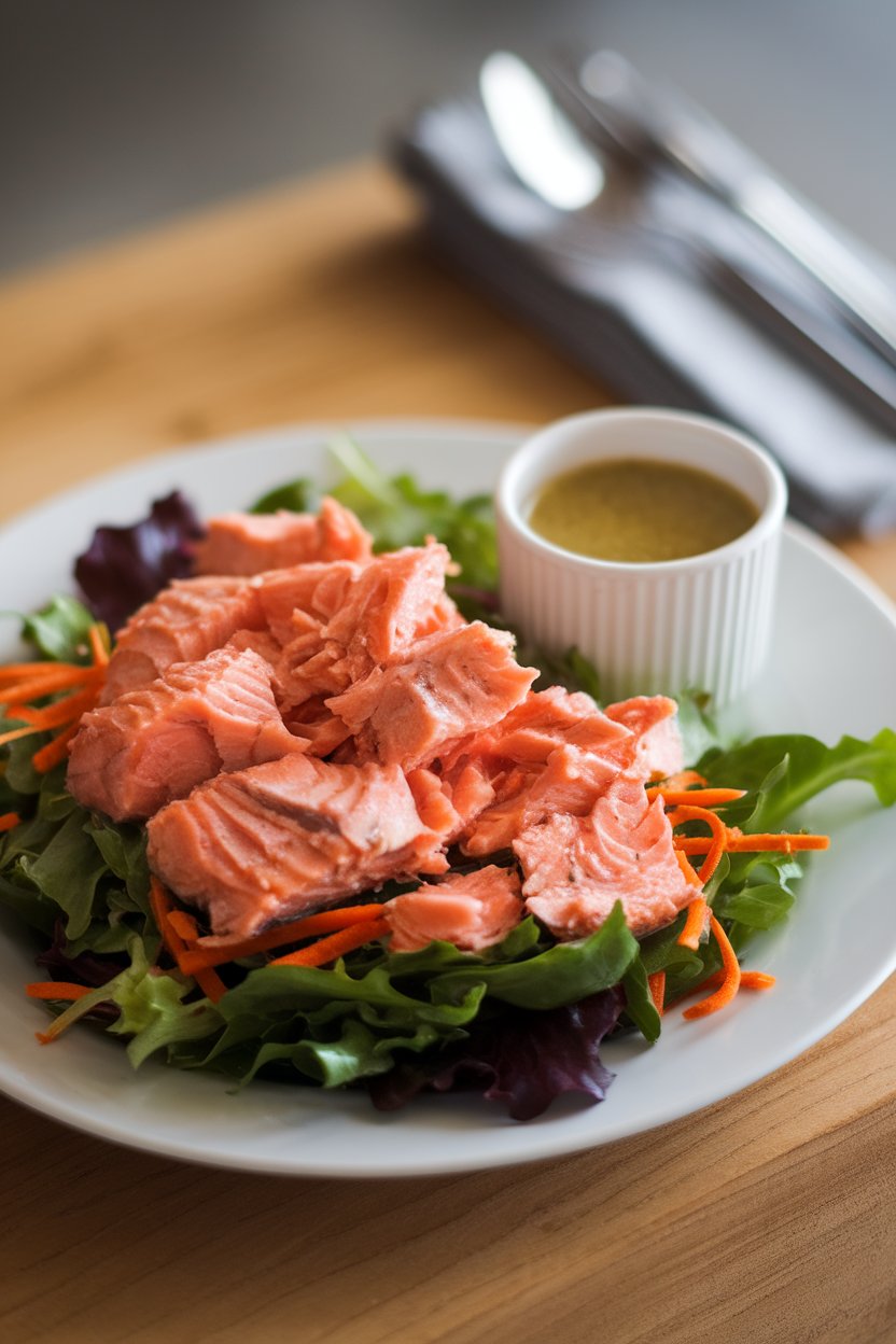An indoor plate featuring flaked cooked salmon over mixed greens with shredded carrots and a small cup of miso ginger dressing. No text or logos anywhere. Photo only.