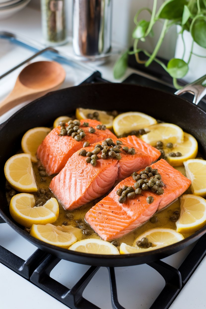 An indoor stovetop scene with a skillet holding pan-seared salmon fillets bathed in a light lemon-caper sauce. No brand names or text visible.