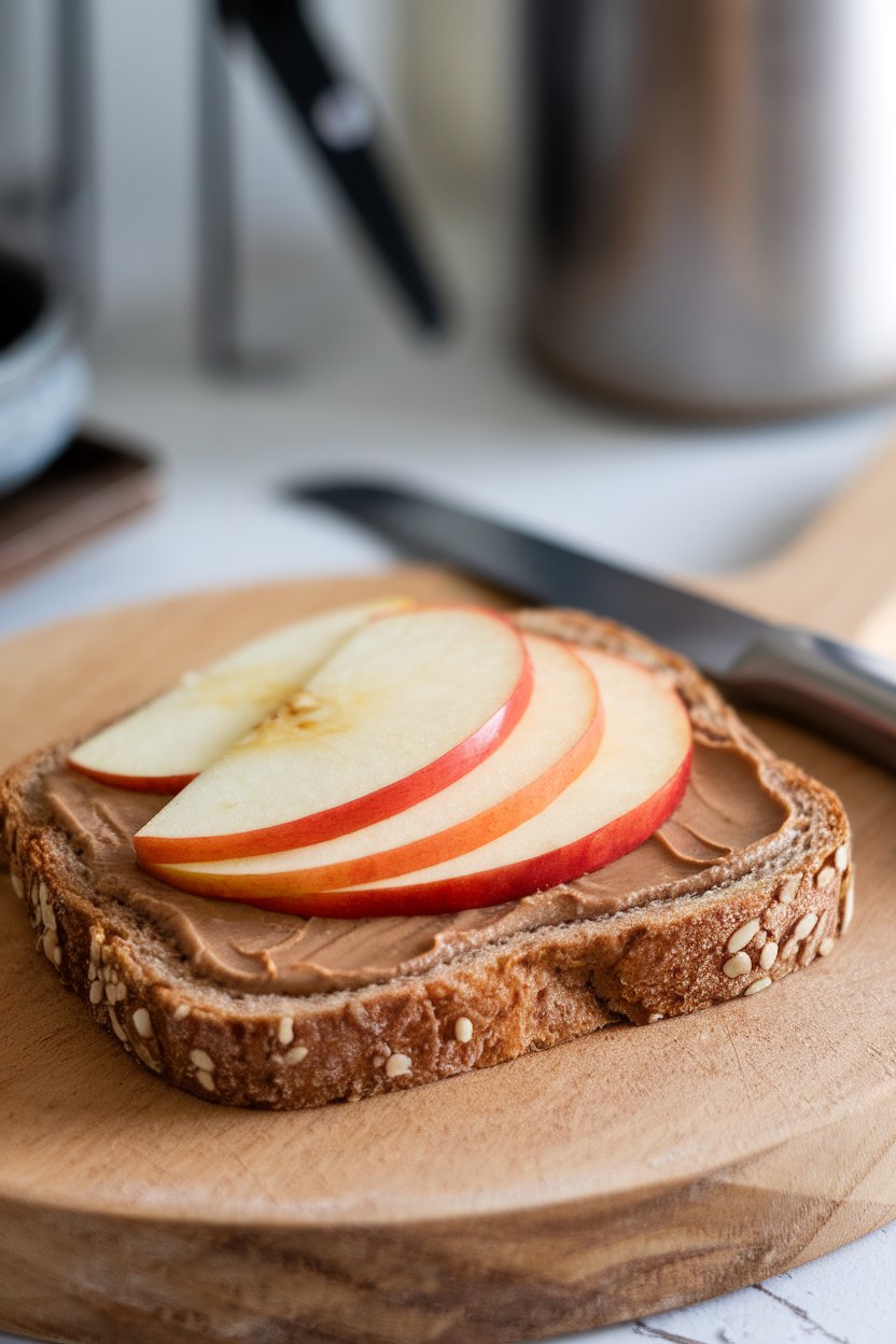 Indoor photo of whole-grain bread spread with almond butter and layered with thin apple slices, diagonal cut, no text or logos.
