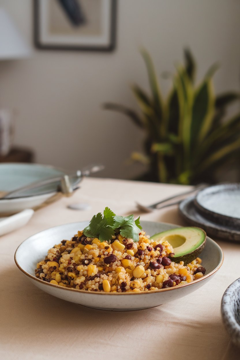 Photo of quinoa mixed with corn, black beans, avocado, and cilantro on an indoor table, no text or logos.