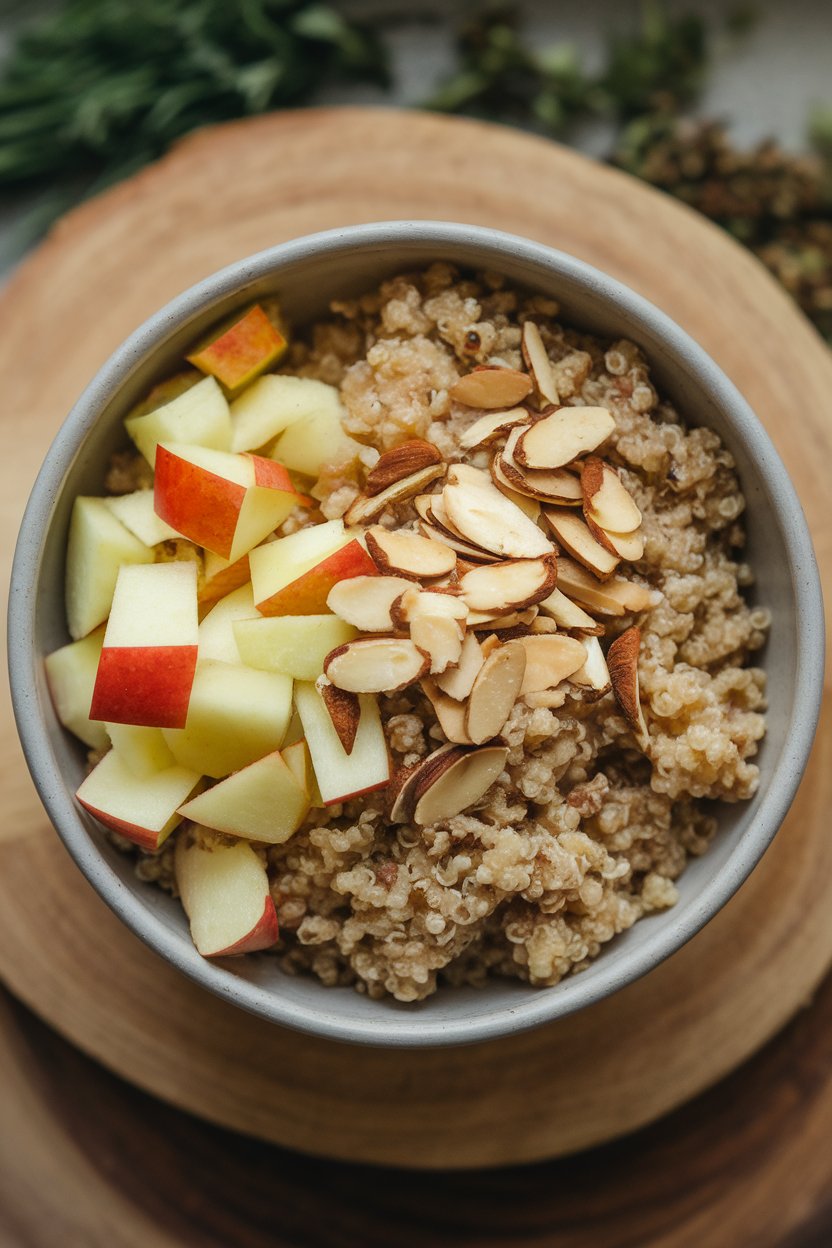 Indoor photo of a shallow bowl containing cinnamon-spiced quinoa, diced apples, and toasted almond slivers, shot from above, no text or logos