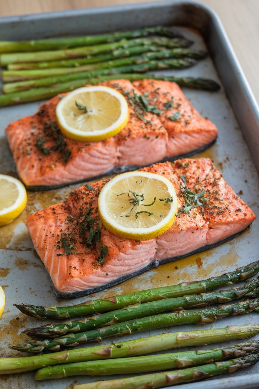 Indoor photo of a baking sheet holding cooked salmon fillets topped with lemon slices and herbs, alongside roasted asparagus; no text or logos.