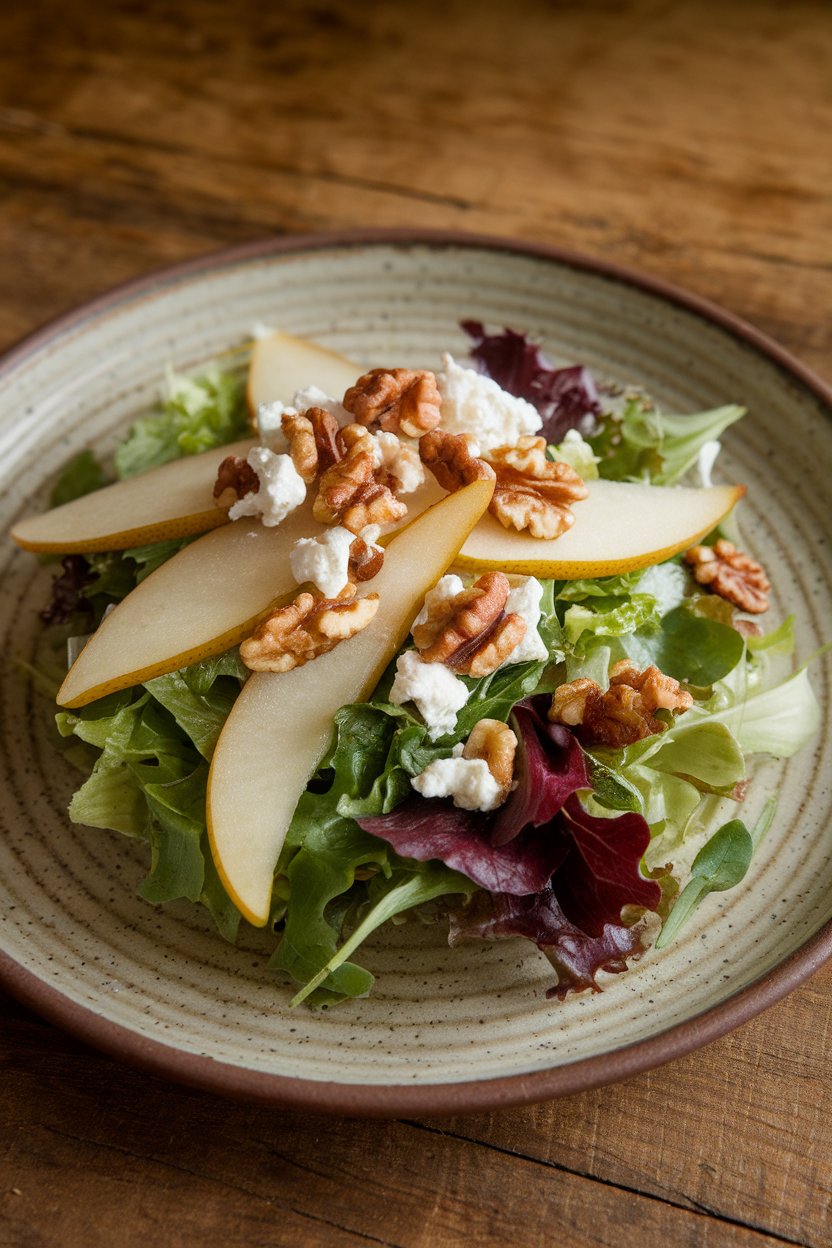 Indoor daylight photo of mixed greens topped with thin pear slices, toasted walnuts, and crumbled goat cheese on a ceramic plate. No text or logos.