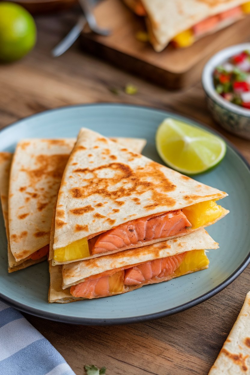 Indoor dinner plate, cooked teriyaki salmon and pineapple quesadilla cut into triangles, photo, no text or logos.
