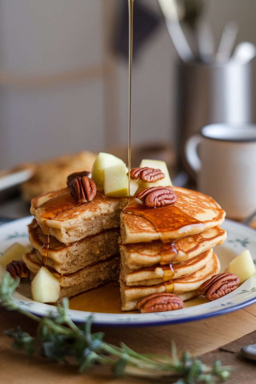 Indoor plate of hearty pancakes with apple chunks and toasted pecans scattered, no logos.